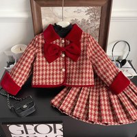 2023 Winter New Korean Edition Girls‘ Fragrant Red Grid Bow Baby Cotton Two Piece Set 68185