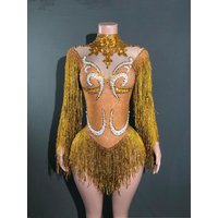 Singer Stage Dance Costume Retro Pearl Rhinestone Sexy Long Sleeved Tassel Performance Gown Party Wear