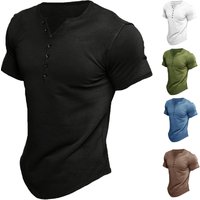 Cross border Summer Foreign Trade European American Henry Shirt Short sleeved Solid Button down T shirt Top