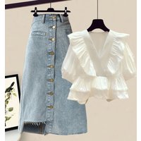 Plus Summer Outfit Set V Neck Blouse & High Waist Denim Skirt Curvy