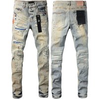 Pantalones vaqueros ajustados de estilo urbano para hombre, de primera calidad, tiro bajo, con letras azules y estampado, a la moda, talla 28-36