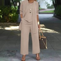 European American Style Three Piece Set Simple Casual Cardigan Jacket Round Neck Sleeveless Vest Straight Leg Trousers