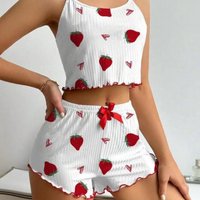 Women’s Sleepwears Ribbed Heart Print Sexy Camisole Shorts Home Clothes Two Piece Suit