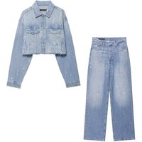 Glitter Denim Jacket & High-Waist Straight Leg Pants Set – Women's Rhinestone Embellished Casual Outfit For Urban Style