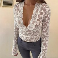 European American Cross Border Summer Autumn Solid Slim V Neck Long Sleeved Lace Sexy Hot Bottoming Shirt Female