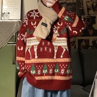  Christmas Knit Sweater Oversized Loose Fit Round Neck Pullover Couple Matching Casual Top Trendy Fashion