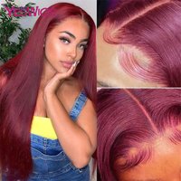 hot selling hot selling 13x4 Glueless Bury 99J Colored Straight Front Human Hair Wigs For Women HD Transparent Lace Frontal Closure Wig On Sale