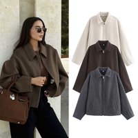 Trendy Zip Up Wool Blend Coat Autumn Fashion Outerwear Beige Dark Grey Dark Brown & Wine Red S M L Sizes