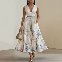 Women’s Clothing Digital Printing V Neck Sleeveless Pleated Dress Long Skirt