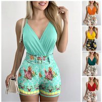 Clothing clothing V neck camisole plant print shorts set belt
