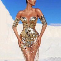 Clothing Dress Sequined One Shoulder Sexy Mesh Perspective Long Evening Dress
