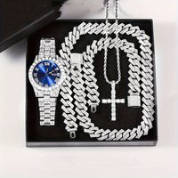 Watch Gift Set Popular Diamond Encrusted Luxury Steel Band Quartz Watch And Diamond Encrusted Hip Hop Cuban Bracelet Matching Watch