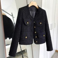 Elegant Black Short Tweed Jacket For Women - Classic Style Cropped Blazer With Long Sleeves, Round Neck & Button Detail (S/M/L/XL)
