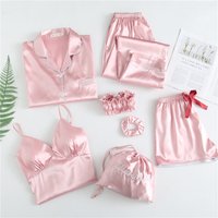 Women's Sleepwears Spring And Autumn Summer Solid Color Simulation Ice Silk Seven Piece Suit Pajamas Ladies Casual Sweet Sling Chest Pad Home Clothes