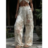 Elegant 3D Floral Print Straight Leg Trousers Casual England Style Polyester Summer Pants Regular Fit