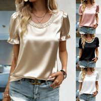 Elegant Pearl Embellished Blouse round Neck Satin Shirt Ruffle Hem Puff Sleeves White Pink Beige S