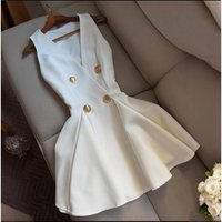 Elegant V Neck Sleeveless Button Down Mini Dress Summer Line Skirt High Waist White & 