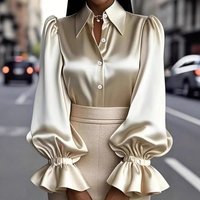 Elegant Satin Shirt Long Sleeved Collared Puff Sleeve Solid