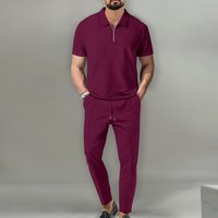 Summer Solid Suit Waffle Knit Lapel Short Sleeve Zipper Pants American Style