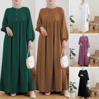 Stock Cross Border Muslim Robe Spring Summer Long Loose Casual Puff Sleeve Solid Wooden Button Dress