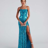 sexy one line collar sequined evening dress elegant slit banquet party dress