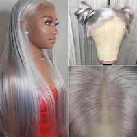 Lace Front Wigs Hot Sale in  Long Straight Hair Silver Gray Human Hair Wigs Pre Plucked