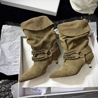 Retro Chain Buckle Pointed Toe Pleated Slouch Boots Kitten Heel Flip Top Western Cowboy Boots Niche