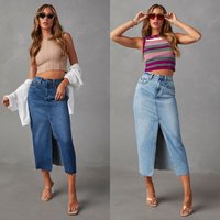 Slit Denim Skirt High Waist Washed Line Skirt Mid length Skirt