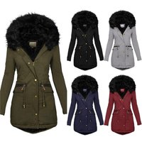 Clothing Solid Fur Collar Hooded Mid length Thickened Warm Cotton Coat