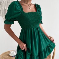 Square Collar Ruffled Short Sleeve High Waist Tight Fit Commuter Dress