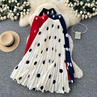 Women's Clothing Retro Polka Dot Pleated Midi Skirt For Women, High Waisted A Line, Slimming, Draped Long Skirt For Commuting.
