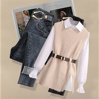  Knit Vest Shirt Jeans 3 Piece Set Slimming High Waist Casual Outfit Spring Autumn Fashion Trends