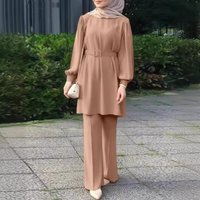 Clothing Middle Eastern Muslim Round Neck Long Sleeve Belt Elastic Waist Top Pants Set