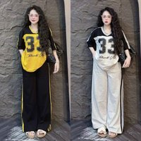 Summer Fashion 2 Piece Set American Style Wide Leg Pants & Short Sleeved Top Letter Print Loose Fit Casual Outfit