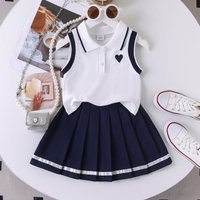 Girls' Preppy Two-Piece Set – Polo Collar Sleeveless Top + Pleated Skirt, Cotton School Style Outfit For Toddlers