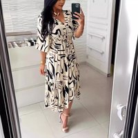 Clothing Summer Printed V Neck High Waist Lace Up Dress Flared Mid Sleeve Ruffled Slit Long Skirt