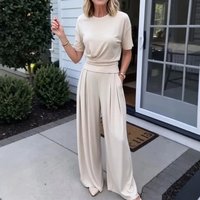 Summer Two Piece Set Short Sleeved Loose round Neck T Shirt Wide Leg Pants Casual Comfortable Outfit