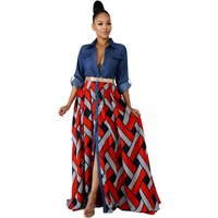 Fashion Autumn Dress Deep V High Waist Slim Denim Woven Printed Long Skirt