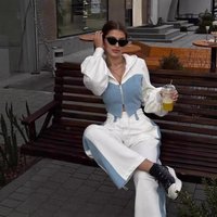 Cross Border European American Style Fashion Casual Sweatshirt Set 2025 Denim Patchwork Hooded Top High Waisted Long