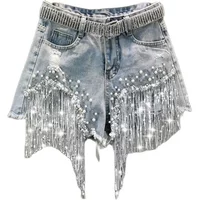 Summer Elegant Tassel Bead High Waist Wide Leg Denim Casual Solid Shorts