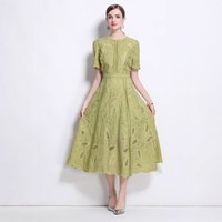 Clothing Retro High End Round Neck Lace Dress Elegant Slim Fit Long Skirt Summer Style Elegant Temperament