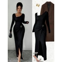 Women's Clothing Asymmetric Neck Bodycon Dress – Long Sleeve Wrap Dress With High Slit