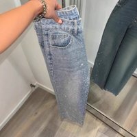Japanese And Korean Casual Women's High Waisted Washed Denim Jeans, Loose And Slimming, Versatile And Rhinestone Hot Stamping