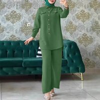 Modest Muslim Casual Outfit Set Long Sleeve Top & Straight Leg Pants & Emerald Green