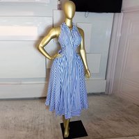 Women's Clothing Elegant Fashion Sleeveless Striped Shirt Tie Waist Midi Dress American Style Women's Clothing Spring New