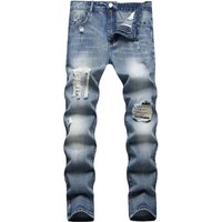 Distressed Straight Leg Jeans Vintage Light Blue Denim Pants Hand Ripped Details