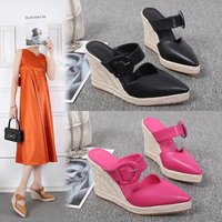 Women's Shoes New Summer Wedge Heel Thick Soles Baotou Slip On Shoes For Women With One Line Buckle High Heels Straw Braided Rope Soles Large Size
