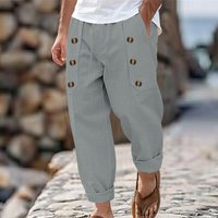 Casual Loose Trousers Multi Button Cotton Linen Blend Hawaiian Beach Cargo Pants Mid Waist Wide Leg Midweight Gray Khaki Light