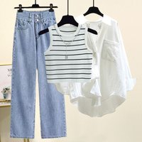 Clothing Large Spring Autumn Suits Shirt Tops Camisole Versatile Wide Leg Pants Three Piece Suit
