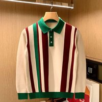 Autumn light mature style vertical striped knitted long sleeved polo shirt matching fashion brand slim lapel sweater